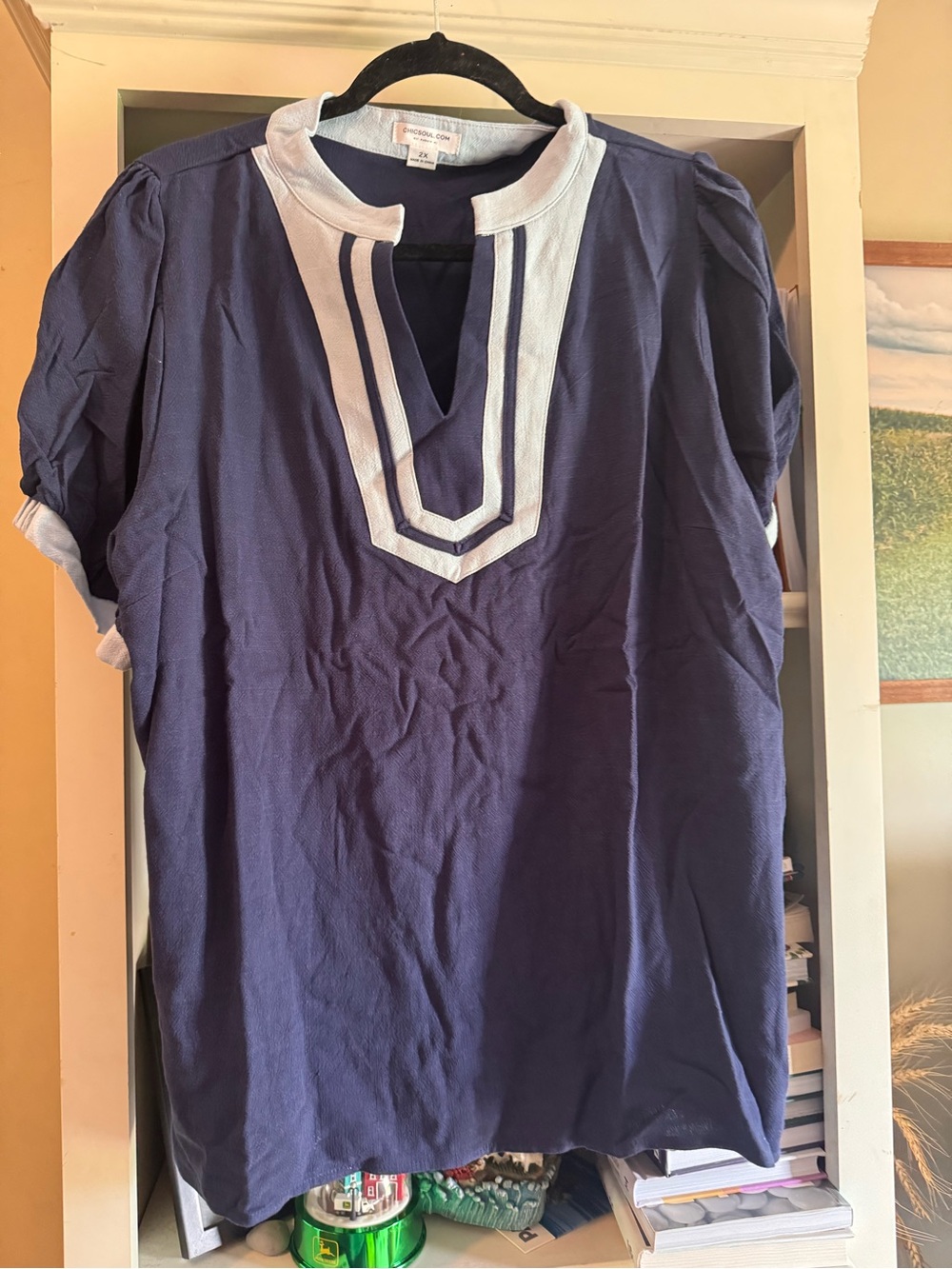 NWOT chic soul Navy Short-Sleeve Tunic Shirt with Light Blue Trim